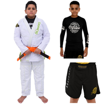 Kit Kimono In The Guard Jiu Jitsu + Rash guard Infantil + Bermuda Infantil - Branco