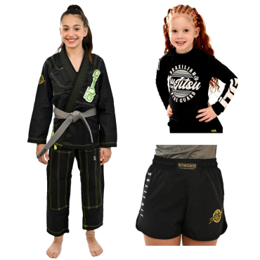 Kit Kimono In The Guard, Jiu Jitsu + Rash guard Infantil + Bermuda Infantil - Preto