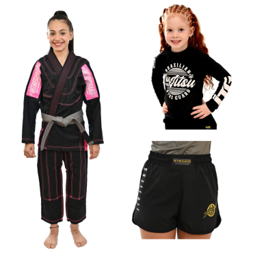 Kit Kimono In The Guard Feminino, Infantil Jiu Jitsu + Rash Infantil + Shorts - Preto