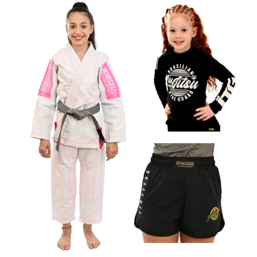 Kit Kimono In The Guard Feminino, Infantil Jiu Jitsu + Rash Infantil + Shorts - Branco