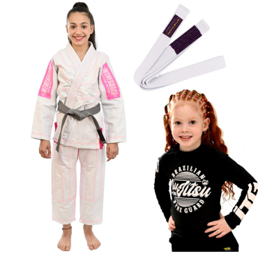 Kimono Jiu Jitsu + Faixa BJJ com ponteira + Rash Guards - Branco